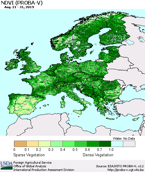 Europe NDVI (PROBA-V) Thematic Map For 8/21/2019 - 8/31/2019