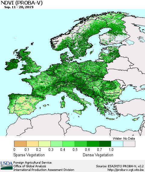 Europe NDVI (PROBA-V) Thematic Map For 9/11/2019 - 9/20/2019