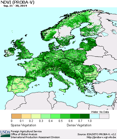 Europe NDVI (PROBA-V) Thematic Map For 9/21/2019 - 9/30/2019