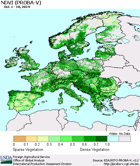 Europe NDVI (PROBA-V) Thematic Map For 10/1/2019 - 10/10/2019