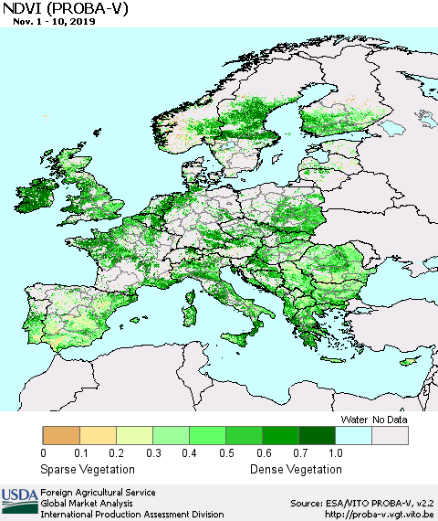 Europe NDVI (PROBA-V) Thematic Map For 11/1/2019 - 11/10/2019