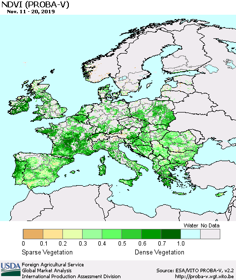 Europe NDVI (PROBA-V) Thematic Map For 11/11/2019 - 11/20/2019
