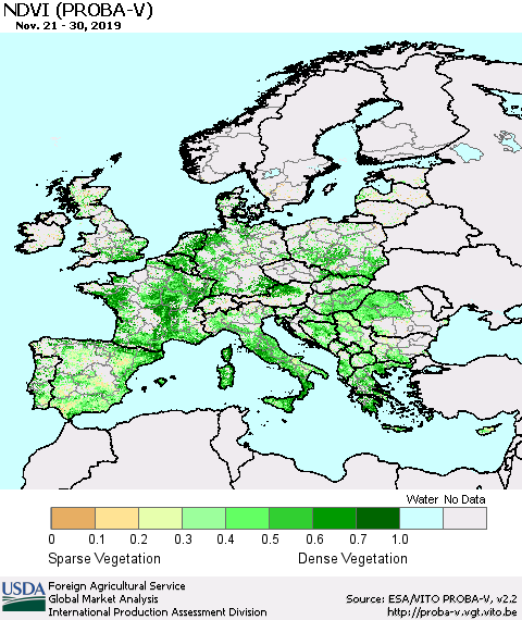 Europe NDVI (PROBA-V) Thematic Map For 11/21/2019 - 11/30/2019