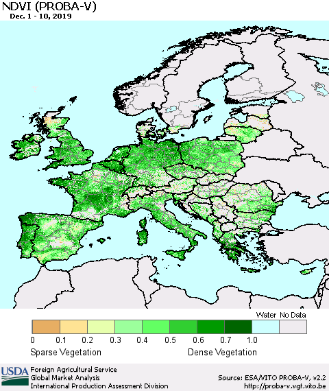 Europe NDVI (PROBA-V) Thematic Map For 12/1/2019 - 12/10/2019