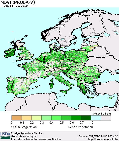 Europe NDVI (PROBA-V) Thematic Map For 12/11/2019 - 12/20/2019