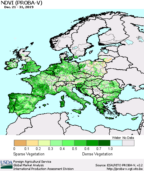 Europe NDVI (PROBA-V) Thematic Map For 12/21/2019 - 12/31/2019
