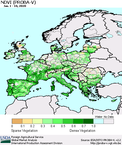 Europe NDVI (PROBA-V) Thematic Map For 1/1/2020 - 1/10/2020