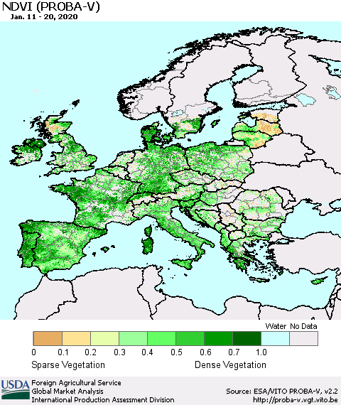 Europe NDVI (PROBA-V) Thematic Map For 1/11/2020 - 1/20/2020