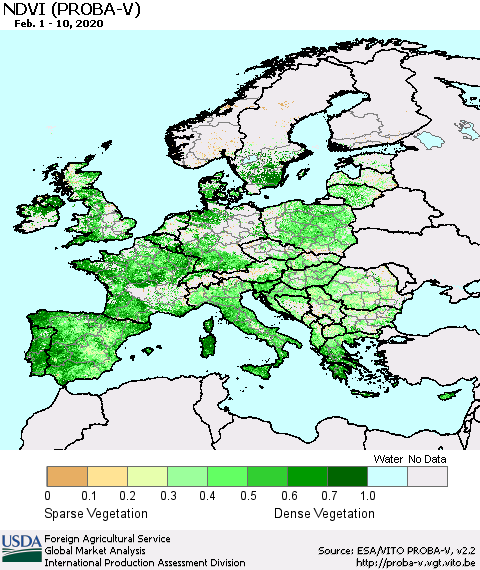 Europe NDVI (PROBA-V) Thematic Map For 2/1/2020 - 2/10/2020