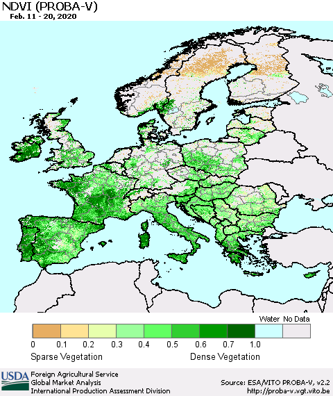 Europe NDVI (PROBA-V) Thematic Map For 2/11/2020 - 2/20/2020