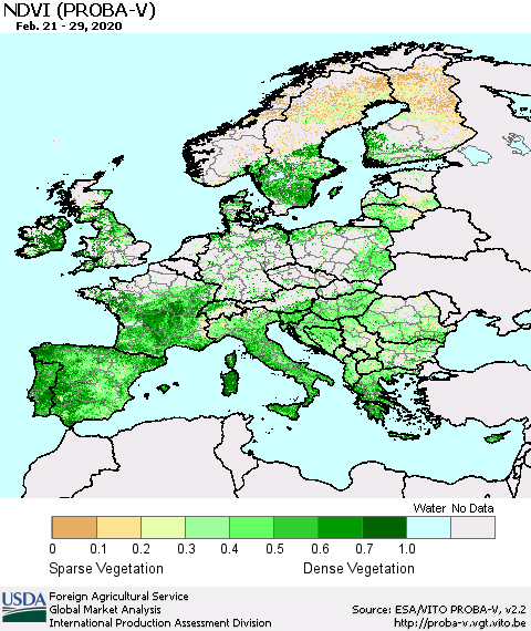 Europe NDVI (PROBA-V) Thematic Map For 2/21/2020 - 2/29/2020