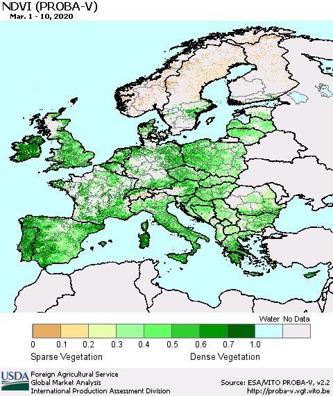 Europe NDVI (PROBA-V) Thematic Map For 3/1/2020 - 3/10/2020