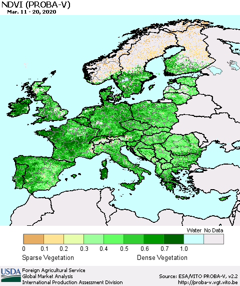 Europe NDVI (PROBA-V) Thematic Map For 3/11/2020 - 3/20/2020