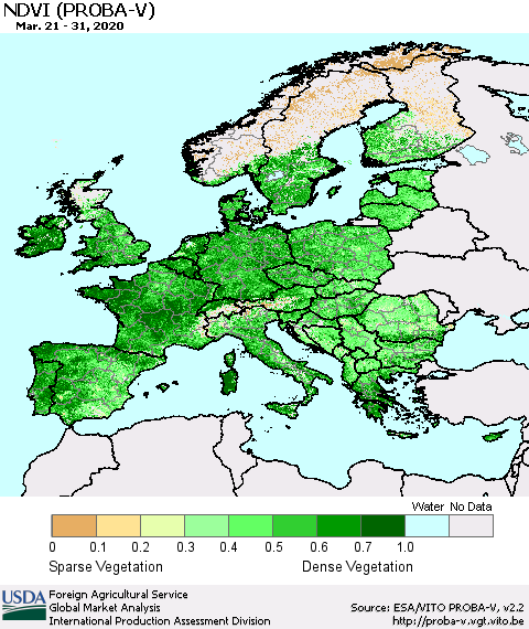 Europe NDVI (PROBA-V) Thematic Map For 3/21/2020 - 3/31/2020