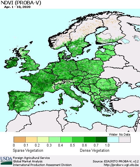 Europe NDVI (PROBA-V) Thematic Map For 4/1/2020 - 4/10/2020