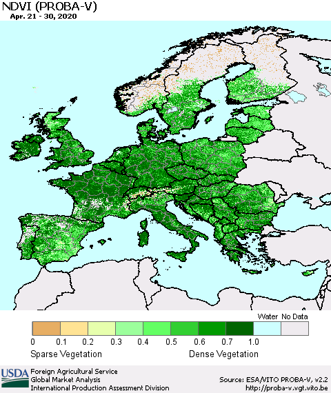 Europe NDVI (PROBA-V) Thematic Map For 4/21/2020 - 4/30/2020
