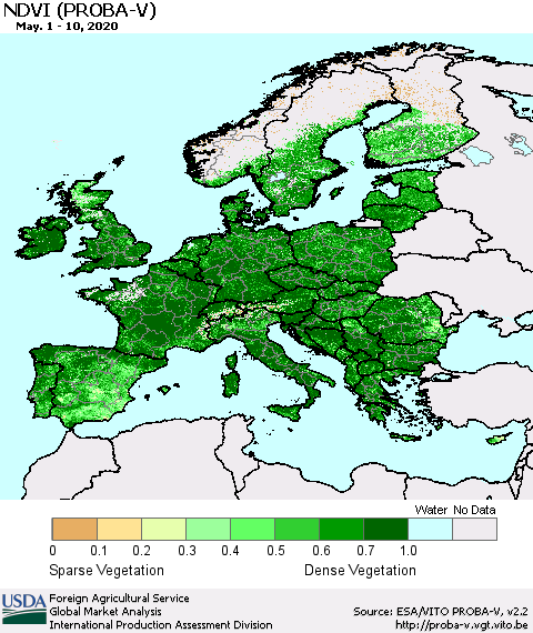 Europe NDVI (PROBA-V) Thematic Map For 5/1/2020 - 5/10/2020