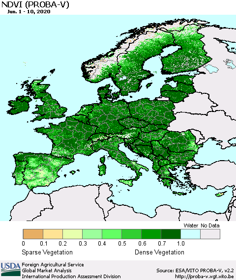 Europe NDVI (PROBA-V) Thematic Map For 6/1/2020 - 6/10/2020