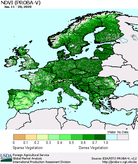 Europe NDVI (PROBA-V) Thematic Map For 6/11/2020 - 6/20/2020