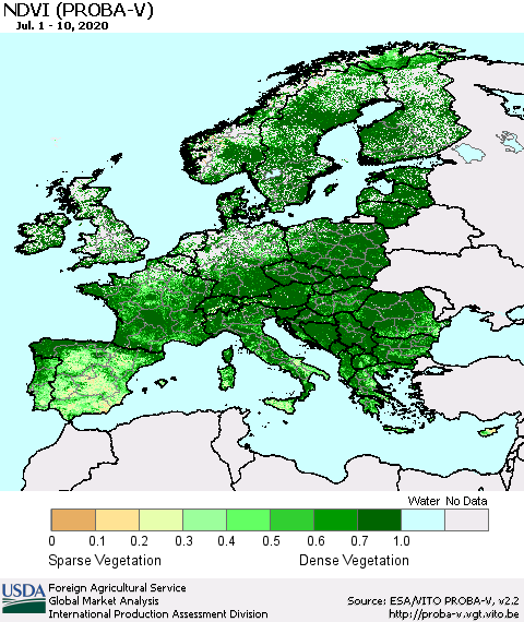 Europe NDVI (PROBA-V) Thematic Map For 7/1/2020 - 7/10/2020