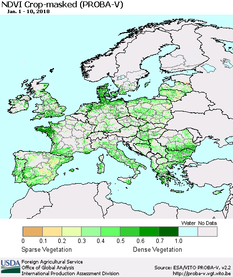 Europe NDVI Crop-masked (PROBA-V) Thematic Map For 1/1/2018 - 1/10/2018