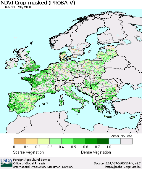 Europe NDVI Crop-masked (PROBA-V) Thematic Map For 1/11/2018 - 1/20/2018