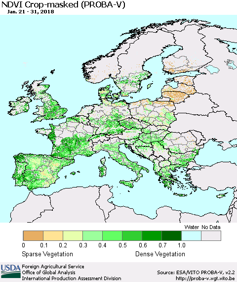 Europe NDVI Crop-masked (PROBA-V) Thematic Map For 1/21/2018 - 1/31/2018