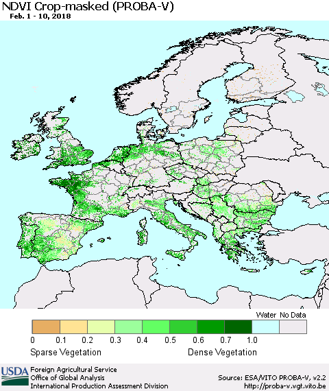 Europe NDVI Crop-masked (PROBA-V) Thematic Map For 2/1/2018 - 2/10/2018