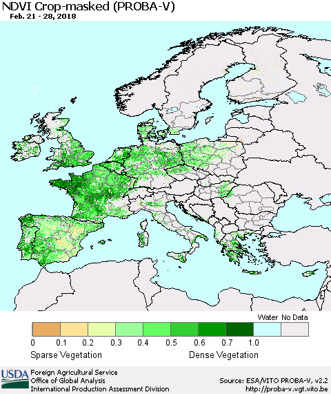 Europe NDVI Crop-masked (PROBA-V) Thematic Map For 2/21/2018 - 2/28/2018