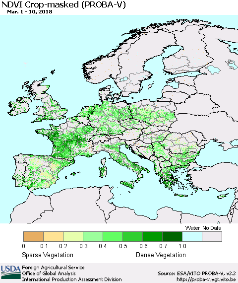 Europe NDVI Crop-masked (PROBA-V) Thematic Map For 3/1/2018 - 3/10/2018
