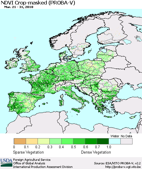Europe NDVI Crop-masked (PROBA-V) Thematic Map For 3/21/2018 - 3/31/2018