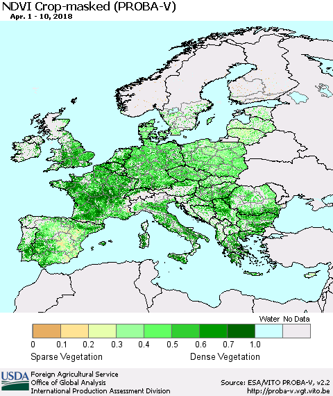 Europe NDVI Crop-masked (PROBA-V) Thematic Map For 4/1/2018 - 4/10/2018