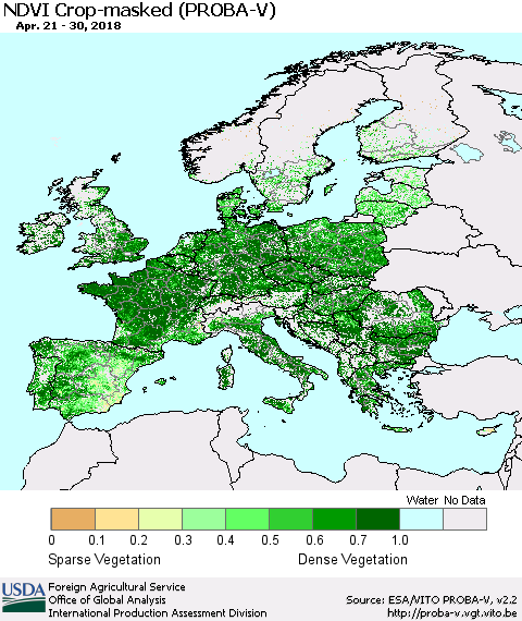 Europe NDVI Crop-masked (PROBA-V) Thematic Map For 4/21/2018 - 4/30/2018