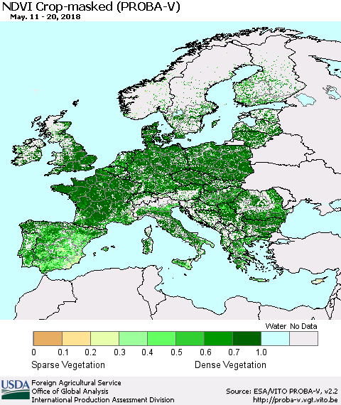 Europe NDVI Crop-masked (PROBA-V) Thematic Map For 5/11/2018 - 5/20/2018