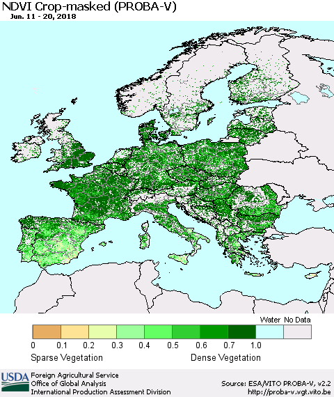 Europe NDVI Crop-masked (PROBA-V) Thematic Map For 6/11/2018 - 6/20/2018