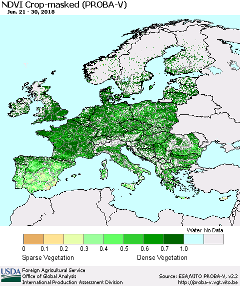 Europe NDVI Crop-masked (PROBA-V) Thematic Map For 6/21/2018 - 6/30/2018