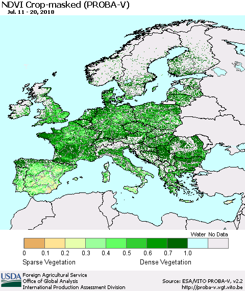 Europe NDVI Crop-masked (PROBA-V) Thematic Map For 7/11/2018 - 7/20/2018