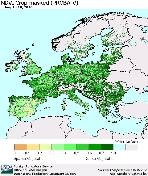 Europe NDVI Crop-masked (PROBA-V) Thematic Map For 8/1/2018 - 8/10/2018