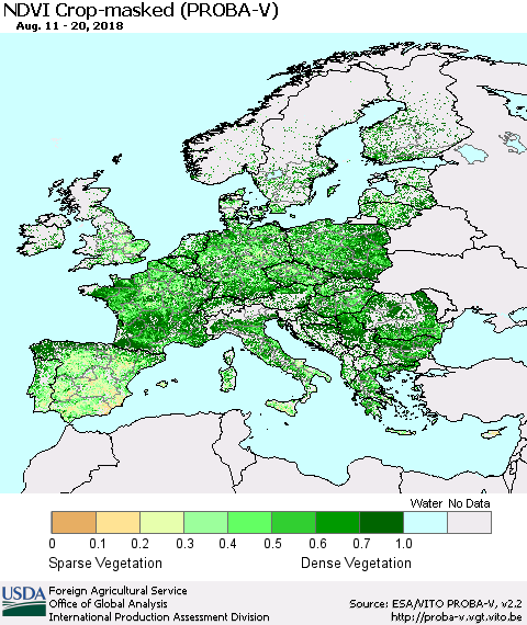 Europe NDVI Crop-masked (PROBA-V) Thematic Map For 8/11/2018 - 8/20/2018