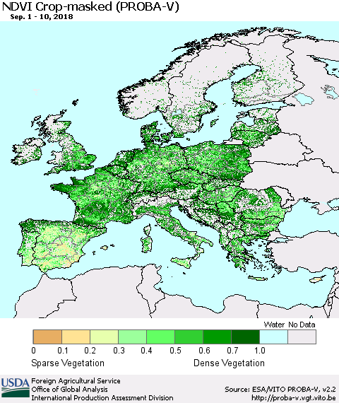 Europe NDVI Crop-masked (PROBA-V) Thematic Map For 9/1/2018 - 9/10/2018