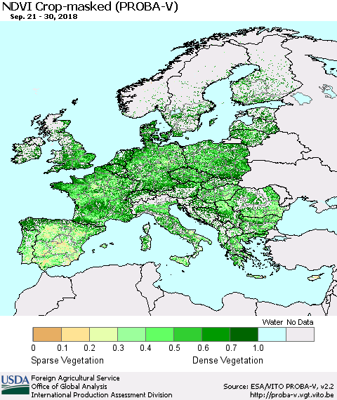 Europe NDVI Crop-masked (PROBA-V) Thematic Map For 9/21/2018 - 9/30/2018