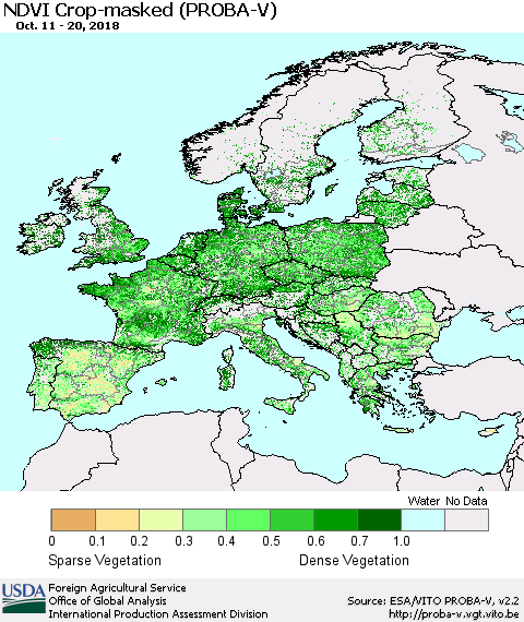 Europe NDVI Crop-masked (PROBA-V) Thematic Map For 10/11/2018 - 10/20/2018