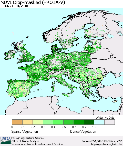 Europe NDVI Crop-masked (PROBA-V) Thematic Map For 10/21/2018 - 10/31/2018