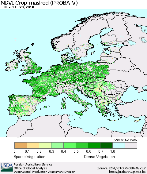 Europe NDVI Crop-masked (PROBA-V) Thematic Map For 11/11/2018 - 11/20/2018