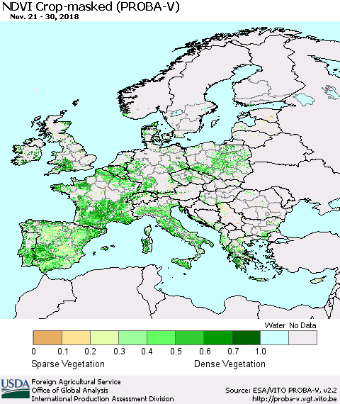 Europe NDVI Crop-masked (PROBA-V) Thematic Map For 11/21/2018 - 11/30/2018