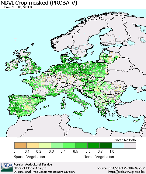 Europe NDVI Crop-masked (PROBA-V) Thematic Map For 12/1/2018 - 12/10/2018