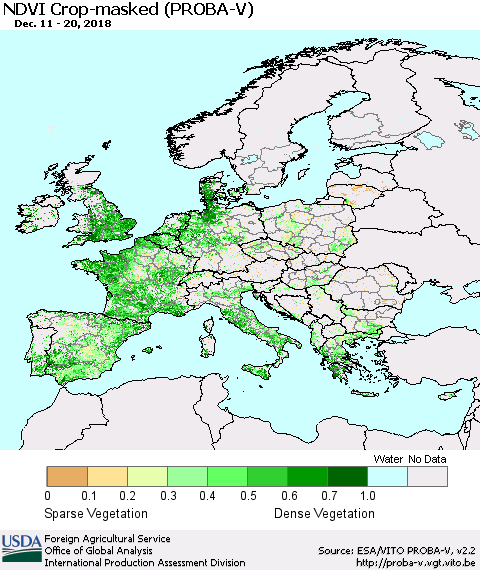 Europe NDVI Crop-masked (PROBA-V) Thematic Map For 12/11/2018 - 12/20/2018