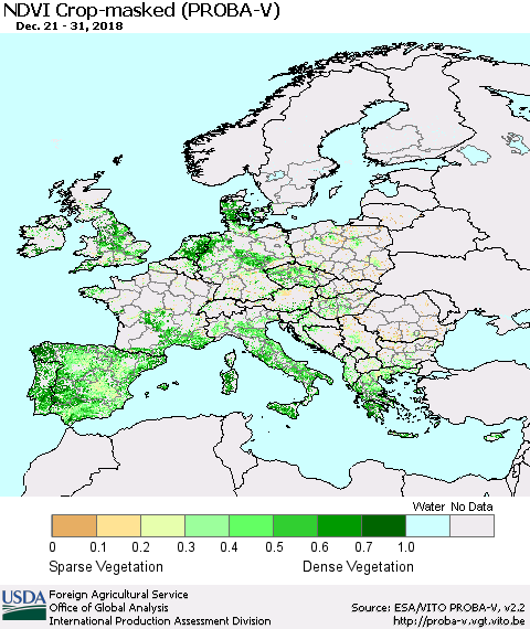 Europe NDVI Crop-masked (PROBA-V) Thematic Map For 12/21/2018 - 12/31/2018
