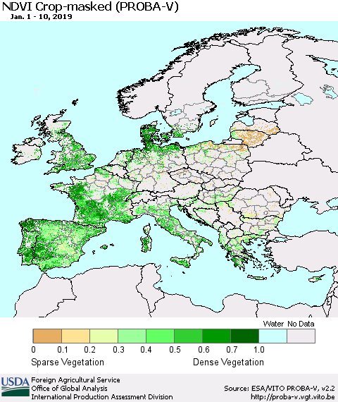 Europe NDVI Crop-masked (PROBA-V) Thematic Map For 1/1/2019 - 1/10/2019