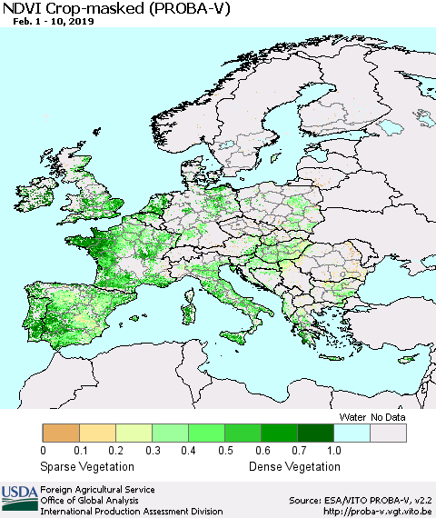 Europe NDVI Crop-masked (PROBA-V) Thematic Map For 2/1/2019 - 2/10/2019